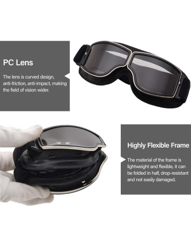 Gafas de Moto Vintage Peicees con Lentes Negros y Marco Claro
