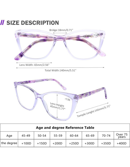 Gafas de Lectura AQWANO Ojo de Gato Púrpura 3.0 UV400 Gafas de Lectura AQWANO Ojo de Gato Púrpura 3.0 UV400