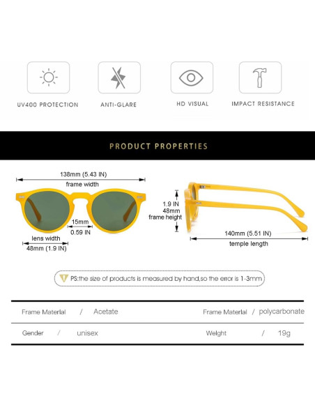 Gleyemor Gafas de Sol Polarizadas UV400 Redondas Amarillo Gleyemor Gafas de Sol Polarizadas UV400 Redondas Amarillo