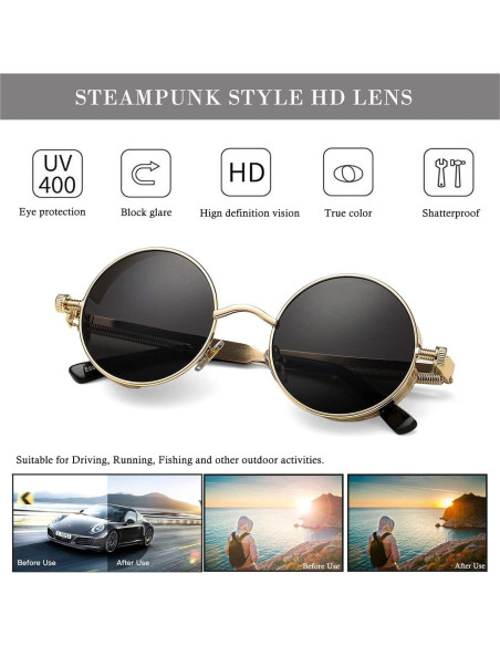 Gafas de sol redondas steampunk HJSUN10 con lentes UV400 Gafas de sol redondas steampunk HJSUN10 con lentes UV400