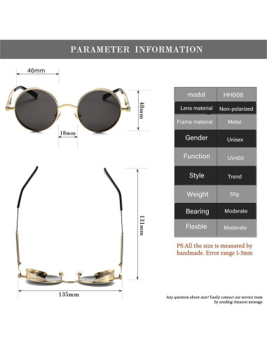 Gafas de sol redondas steampunk HJSUN10 con lentes UV400