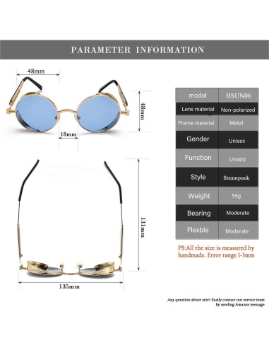 Gafas de sol redondas steampunk HJSUN10 con lentes UV400