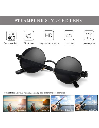 Gafas de sol redondas steampunk HJSUN10 con lentes UV400