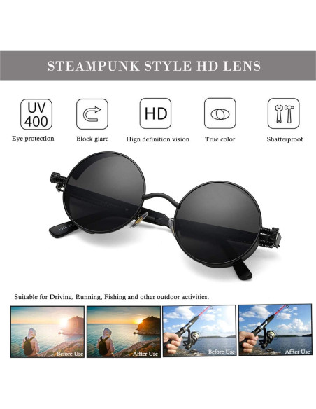 Gafas de sol redondas steampunk HJSUN10 con lentes UV400 Gafas de sol redondas steampunk HJSUN10 con lentes UV400