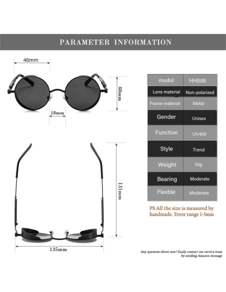 Gafas de sol redondas steampunk HJSUN10 con lentes UV400 Gafas de sol redondas steampunk HJSUN10 con lentes UV400
