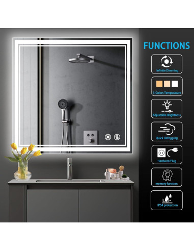 Espejo de Baño LED GETOVIN 32x32 cm Regulable con Sensor Táctil