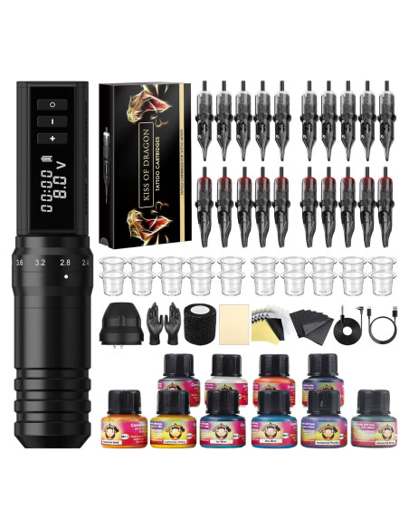 Kit de Tatuaje Kiss of Dragon Rotativa 2400mAh 20 Agujas Kit de Tatuaje Kiss of Dragon Rotativa 2400mAh 20 Agujas