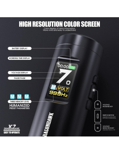 Kit de Tatuaje Dragonhawk X7 Inalámbrico 2 Baterías 1800mAh