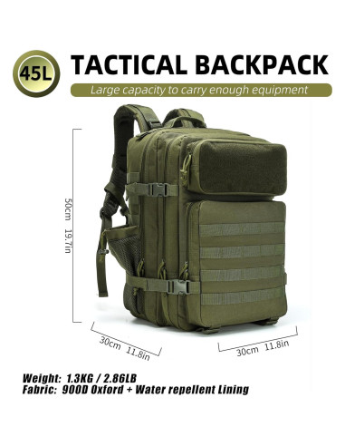 Mochila Táctica 45L Molle Verde para Senderismo y Camping