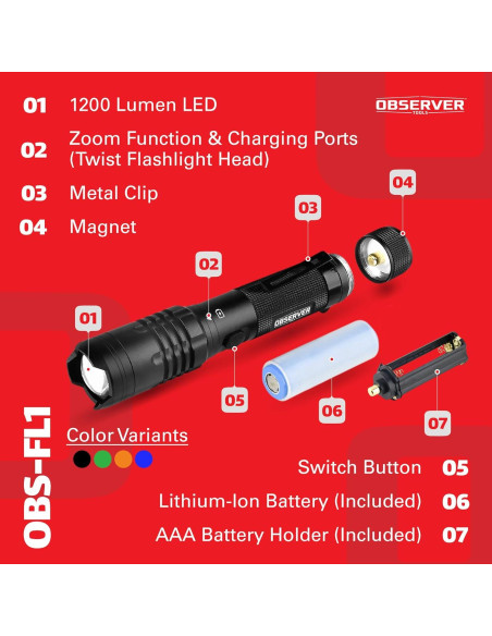 Linterna LED Táctica Recargable Observer Tools 1200 Lúmenes Linterna LED Táctica Recargable Observer Tools 1200 Lúmenes
