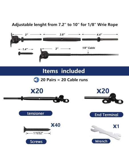 Kit de Barandilla de Cable RiaYer 20 Pares T316 Ajustable Kit de Barandilla de Cable RiaYer 20 Pares T316 Ajustable