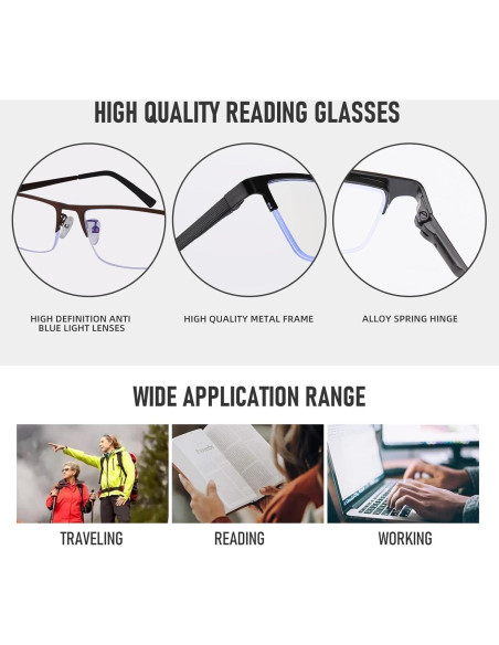 Gafas de lectura Anourney 3-Pack Hombres Metal Ligero 1.0x
