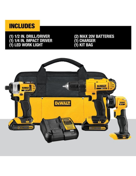 DEWALT Kit 3 Herramientas 20V MAX Taladro y Luz LED DEWALT Kit 3 Herramientas 20V MAX Taladro y Luz LED