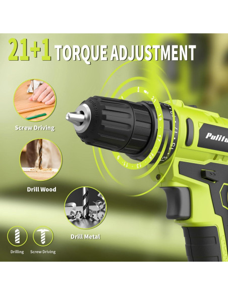 Taladro Inalámbrico PULITUO 20V - 2 Baterías, 30Nm, LED Taladro Inalámbrico PULITUO 20V - 2 Baterías, 30Nm, LED