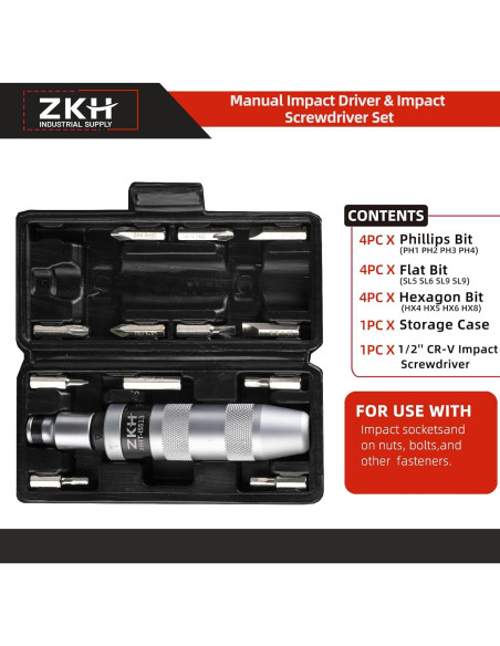 Destornillador de impacto ZKH 1/2" CR-V con 12 puntas Destornillador de impacto ZKH 1/2" CR-V con 12 puntas