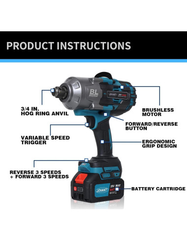 Llave de Impacto Inalámbrica JOVANT 20V 2000N.m 6 Velocidades