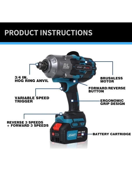 Llave de Impacto Inalámbrica JOVANT 20V 2000N.m 6 Velocidades Llave de Impacto Inalámbrica JOVANT 20V 2000N.m 6 Velocidades
