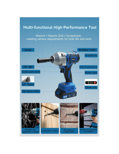 Llave de Impacto Inalámbrica SKOVENSY 650N-m 2 Baterías Azul