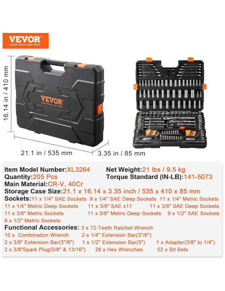 Juego de Herramientas Mecánicas VEVOR 205 Pcs Acero Vanadio Juego de Herramientas Mecánicas VEVOR 205 Pcs Acero Vanadio