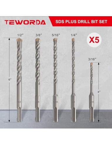 Juego de Brocas de Martillo Rotatorio TEWORDA 5 Piezas SDS Plus