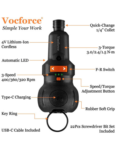 Destornillador Eléctrico 4V Vocforce, 400 RPM, Compacto, 22 Piezas
