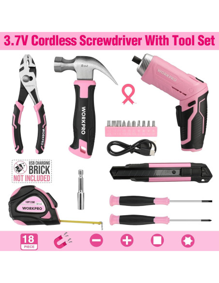 Juego de Herramientas WORKPRO Rosa 18PCS con Destornillador Eléctrico Juego de Herramientas WORKPRO Rosa 18PCS con Destornillador Eléctrico