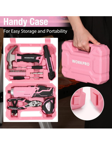 Juego de Herramientas WORKPRO Rosa 18PCS con Destornillador Eléctrico