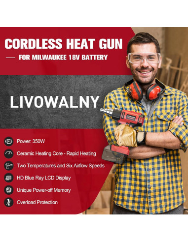 Pistola de Calor Inalámbrica LIVOWALNY 18V 350W LCD