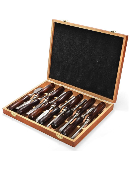Juego de 12 Cinceles de Tallado Covzoe con Caja de Madera Juego de 12 Cinceles de Tallado Covzoe con Caja de Madera