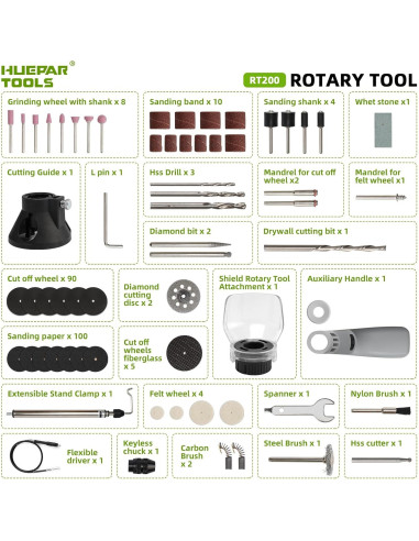 Kit de Herramientas Rotativas Huepar RT200 200W 239 Accesorios
