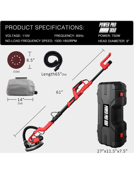 Lijadora de Yeso Eléctrica Power Pro 1850 - 750W, Luz LED Lijadora de Yeso Eléctrica Power Pro 1850 - 750W, Luz LED