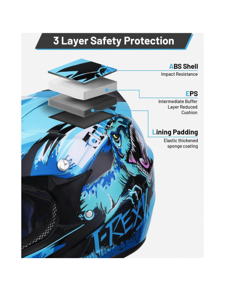 Casco de motocross Oumurs Dino Azul para niños 5-14 años Casco de motocross Oumurs Dino Azul para niños 5-14 años