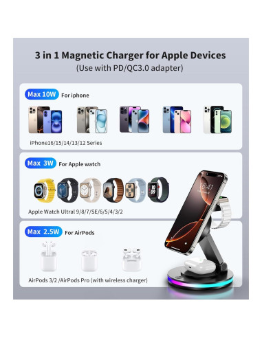 Soporte de Carga Inalámbrica 3 en 1 Mag-Safe Negro para Apple