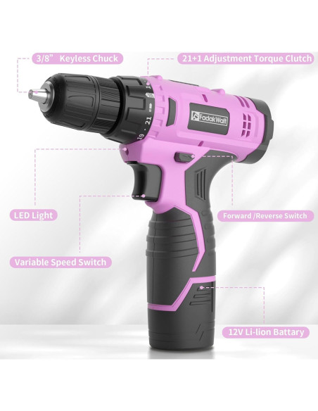 Taladro Inalámbrico FADAKWALT 12V Rosa con Batería y Cargador Taladro Inalámbrico FADAKWALT 12V Rosa con Batería y Cargador