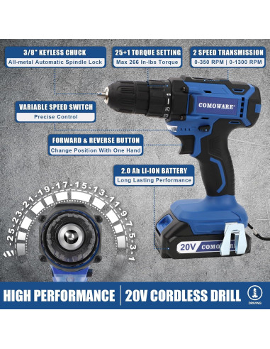 Kit de Herramientas COMOWARE 120 Piezas con Taladro 20V