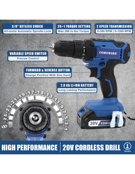 Kit de Herramientas COMOWARE 120 Piezas con Taladro 20V Kit de Herramientas COMOWARE 120 Piezas con Taladro 20V
