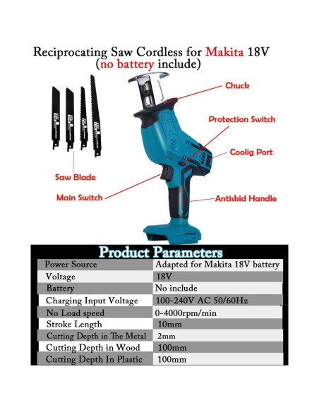 Sierra Recíproca Inalámbrica Genérico 18V Makita, 3000 RPM Sierra Recíproca Inalámbrica Genérico 18V Makita, 3000 RPM
