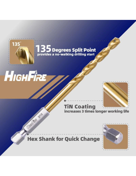 Juego de Brocas Hexagonales 1/4" (6.4mm) Titanio HIGHFIRE - 6 Piezas Juego de Brocas Hexagonales 1/4" (6.4mm) Titanio HIGHFIRE - 6 Piezas