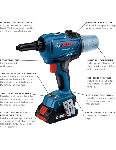 Herramienta de Remaches Bosch GRG18V-3600C 18V con 2 Baterías 4Ah