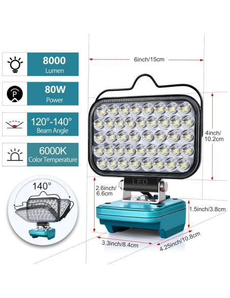 Luz de Trabajo LED Inalámbrica Edtran 80W 8000LM para Makita Luz de Trabajo LED Inalámbrica Edtran 80W 8000LM para Makita