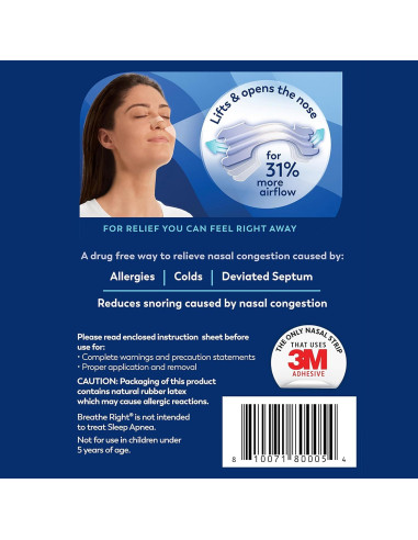 Tiras Nasales Breathe Right Transparentes Grande 30 Unidades