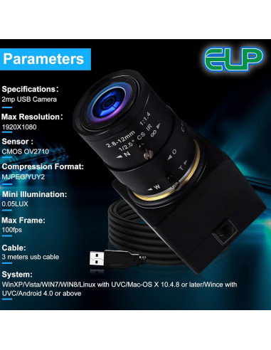 Cámara USB 1080P Varifocal 2.8-12mm Webcamera USB