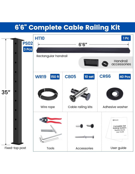 Kit Completo de Barandilla de Cable Muzata 36" Negra Ajustable Kit Completo de Barandilla de Cable Muzata 36" Negra Ajustable