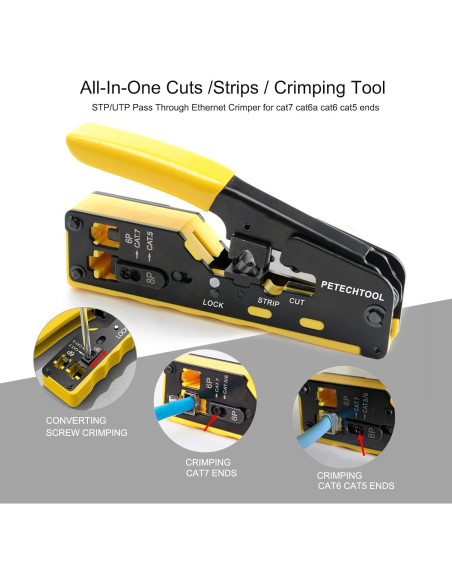 Crimpador RJ45 PETECHTOOL Cat7 Cat6 Cat5 con 50 Conectores Crimpador RJ45 PETECHTOOL Cat7 Cat6 Cat5 con 50 Conectores