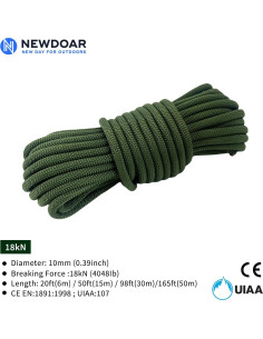 Cuerda de Escalada Estática NewDoar 10mm 50m 18KN Verde Ejército 2