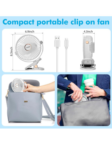 Ventilador Portátil Clip ZUIKEMX 2000mAh 5 Velocidades LED