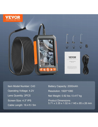 Cámara Endoscópica VEVOR 1080P Doble Lente 4.3" 5m