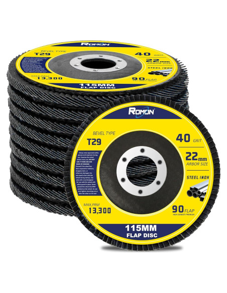 Discos de Aletas ROMON 40 Granos 115mm Paquete de 10 Discos de Aletas ROMON 40 Granos 115mm Paquete de 10