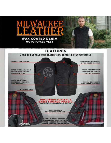 Chaleco de Motocicleta Milwaukee Leather MDM3030 Mezclilla Negra Chaleco de Motocicleta Milwaukee Leather MDM3030 Mezclilla Negra