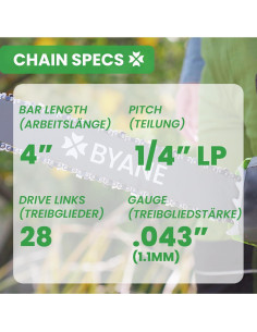 Cadena de Motosierra Mini Cortadora Byane 4" 1/4"LP .043 28 Eslabones 2